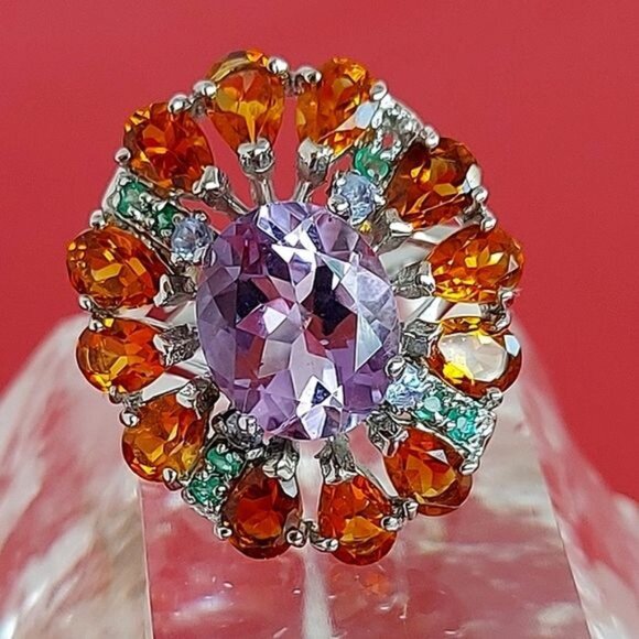 Natural Amethyst 6x4mm,‎ Citrine, Emerald 925 Sterling Silver Jewelry Ring 7.75 - Picture 12 of 12